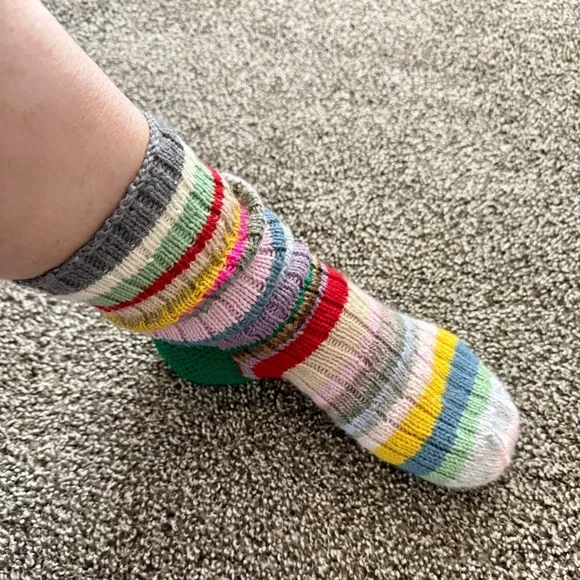 Women’s Scrappy Wool Socks Rainbow Striped Hand Knit - Picture 6 of 7